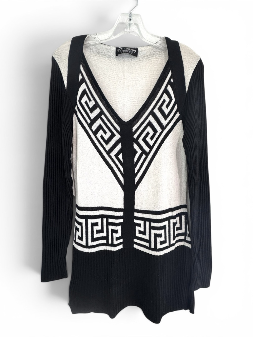 St. John Collection Greek Key Sweater Black & White Geometric V-Neck Tunic S - Picture 2 of 8